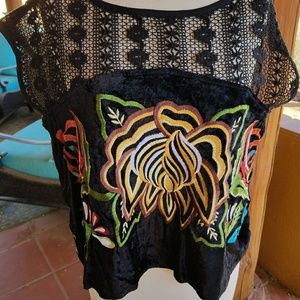 Free People Velvet Floral Embroidered Crochet Top